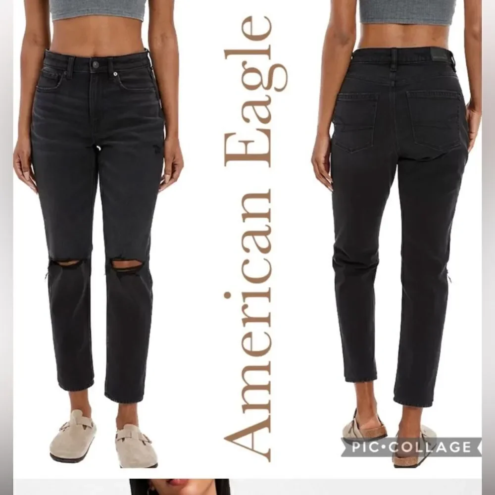 American Eagle Outfitters Distressed Mom Straight Jeans Wash Black Size 0